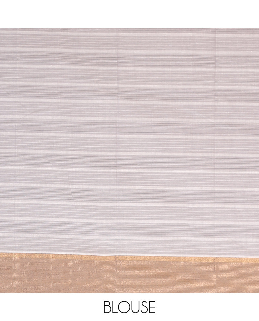 Grey striped kanchi cotton saree, contrast zari border, and striped pallu