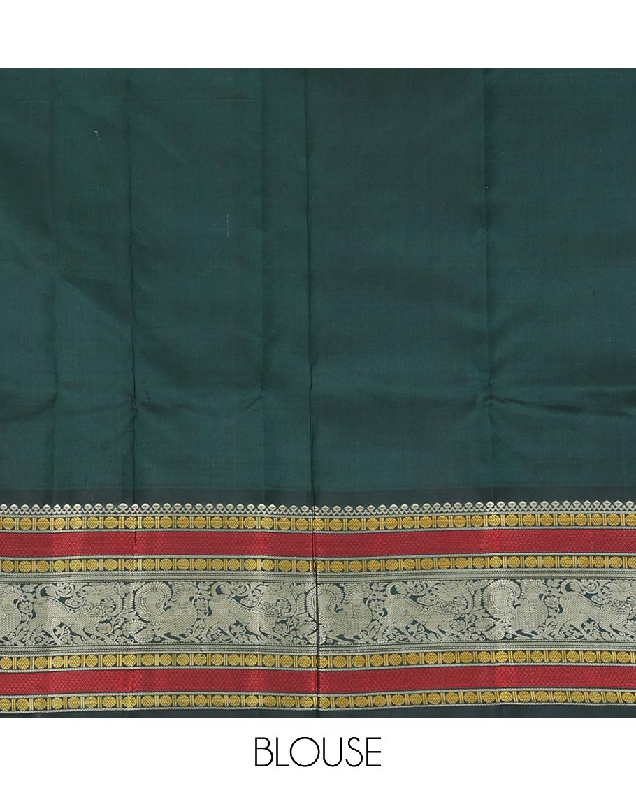 Maroon mayil chakram thread buttas Kanchipuram silk saree, contrast border of thilakam mokku, mayil, yaali, and rudraksham, and pallu of big Nava Nari Kunjara motif