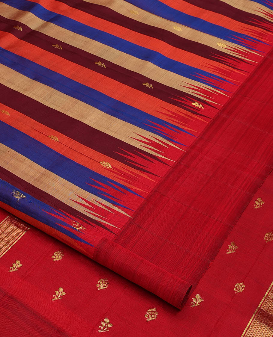 Multi-color striped with zari buttas Kanchipuram silk saree, contrast one-sided thazampoo rekku border, and zari design pallu