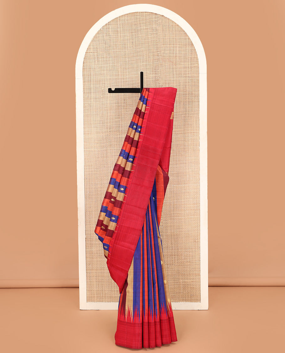 Multi-color striped with zari buttas Kanchipuram silk saree, contrast one-sided thazampoo rekku border, and zari design pallu