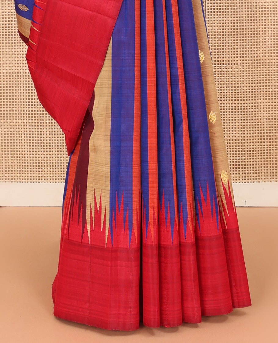 Multi-color striped with zari buttas Kanchipuram silk saree, contrast one-sided thazampoo rekku border, and zari design pallu