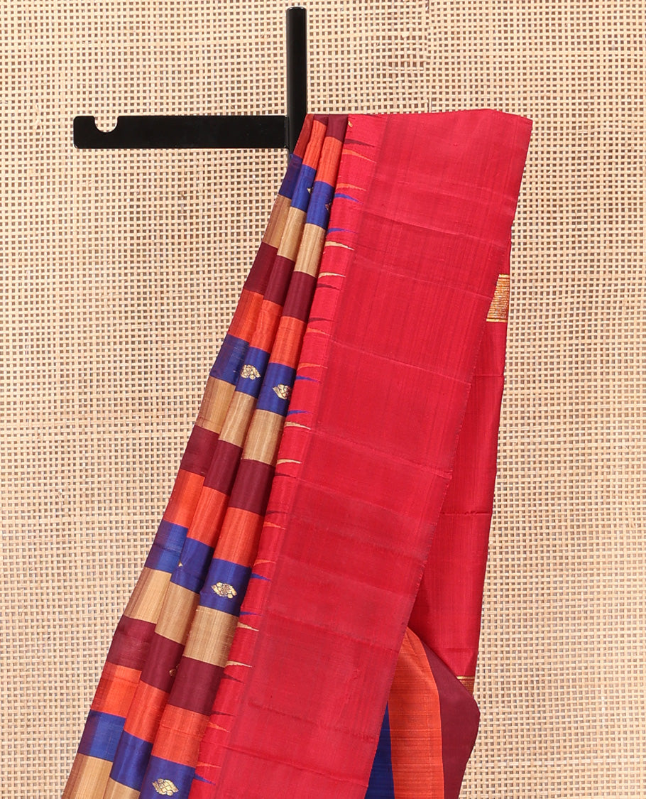 Multi-color striped with zari buttas Kanchipuram silk saree, contrast one-sided thazampoo rekku border, and zari design pallu