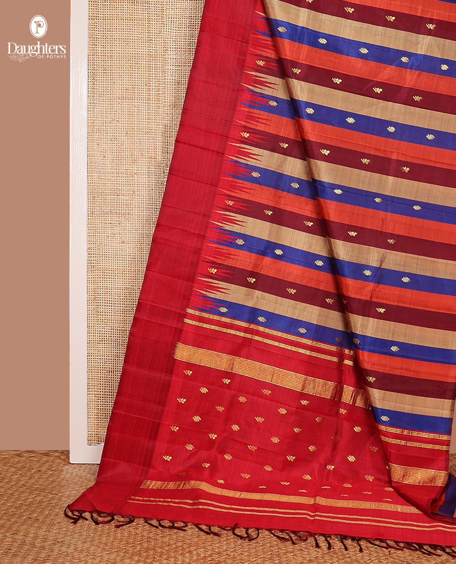 Multi-color striped with zari buttas Kanchipuram silk saree, contrast one-sided thazampoo rekku border, and zari design pallu