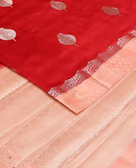 Red zari buttas raw mango silk saree, contrast border of zari floral designs & scallop design pallu