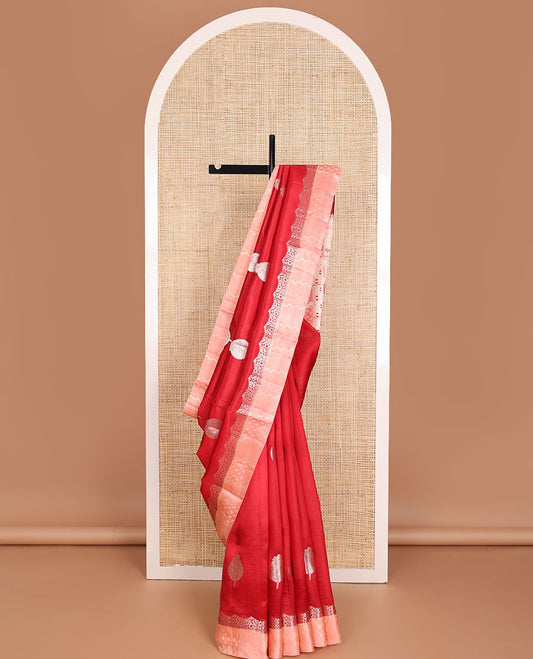 Red zari buttas raw mango silk saree, contrast border of zari floral designs & scallop design pallu
