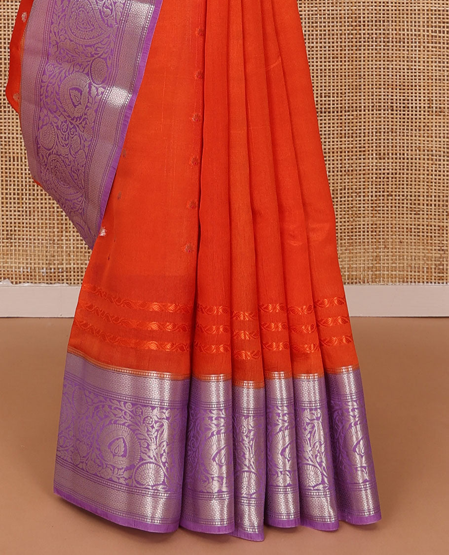 Dark orange meena buttas raw mango silk saree, contrast traditional zari border of floral creeper, and jaal pallu