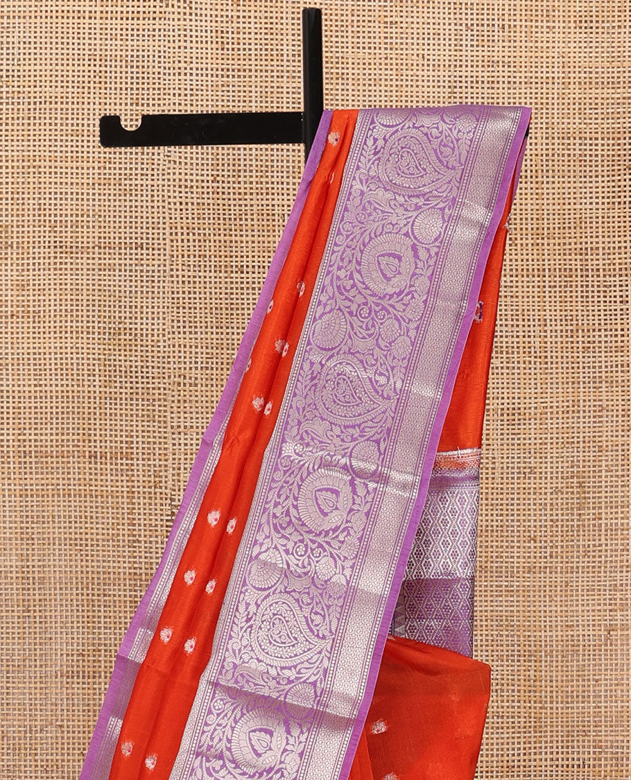 Dark orange meena buttas raw mango silk saree, contrast traditional zari border of floral creeper, and jaal pallu