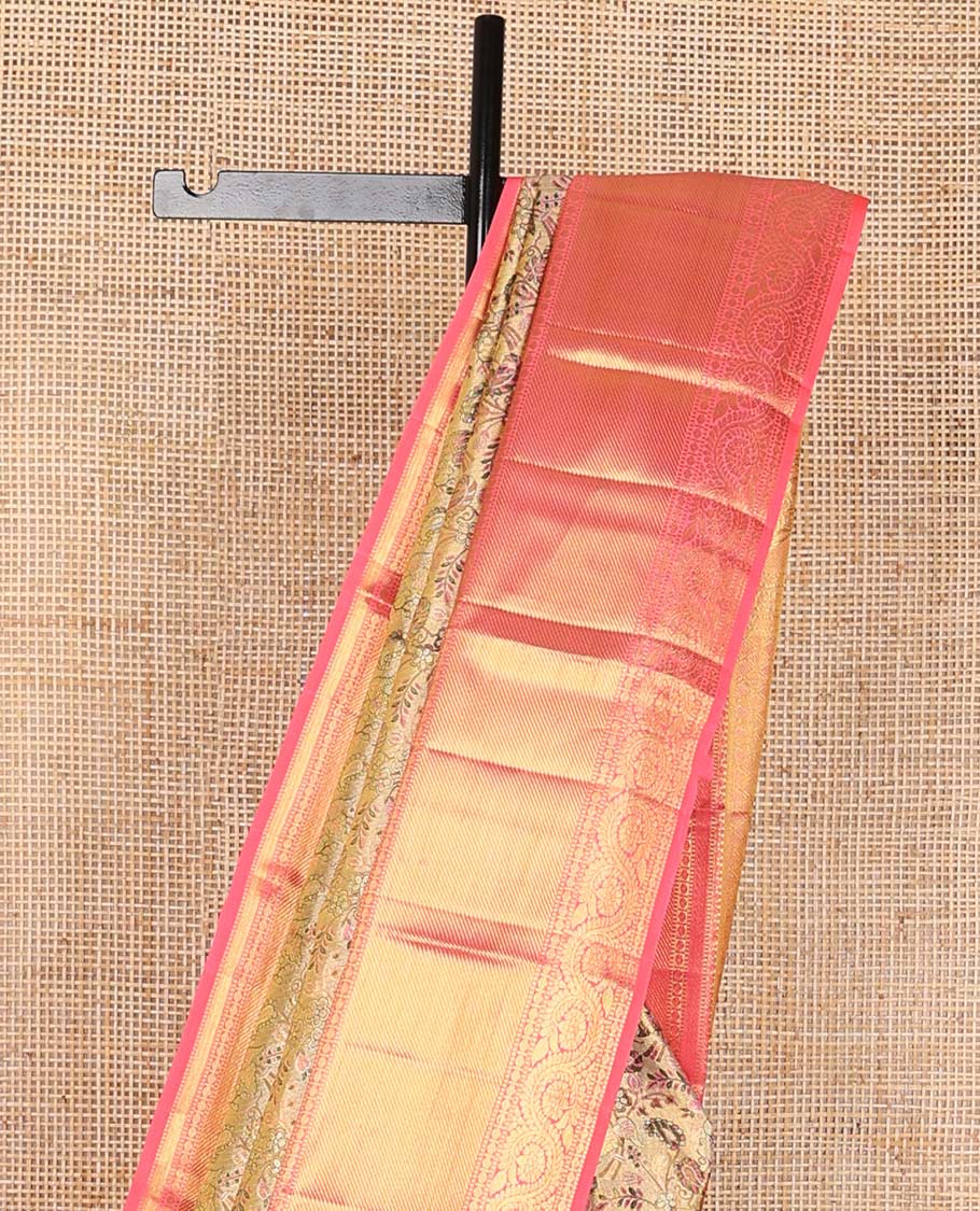 Green floral jacquard kancheepuram silk saree with contrast rekku, muthu, banaras, paun, kodi visiry design & jaal design pallu
