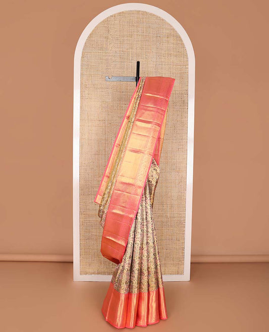 Green floral jacquard kancheepuram silk saree with contrast rekku, muthu, banaras, paun, kodi visiry design & jaal design pallu