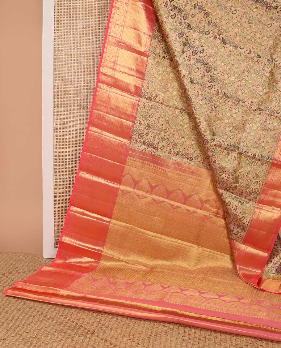 Green floral jacquard kancheepuram silk saree with contrast rekku, muthu, banaras, paun, kodi visiry design & jaal design pallu