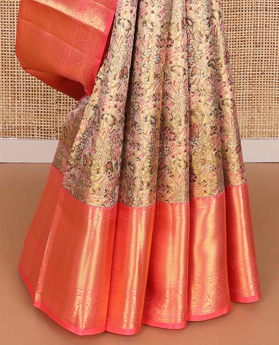 Green floral jacquard kancheepuram silk saree with contrast rekku, muthu, banaras, paun, kodi visiry design & jaal design pallu