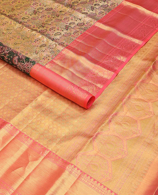 Green floral jacquard kancheepuram silk saree with contrast rekku, muthu, banaras, paun, kodi visiry design & jaal design pallu