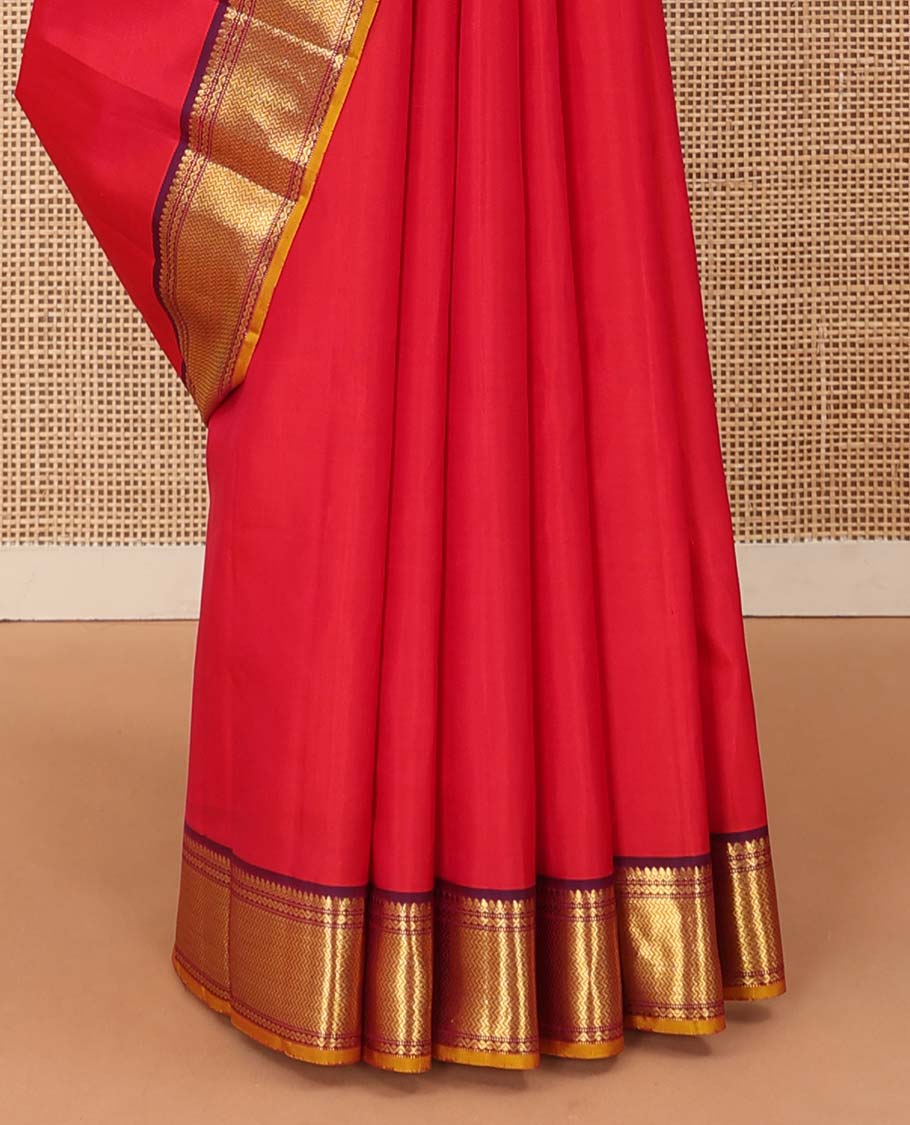 Red Plain Kanchipuram Silk Saree, Complemented by Contrast Border of Thilakam Mokku, Muthu, Neli, and Vanki Designs, Zari Designs Woven Pallu, and Paired with a Contrast Blouse