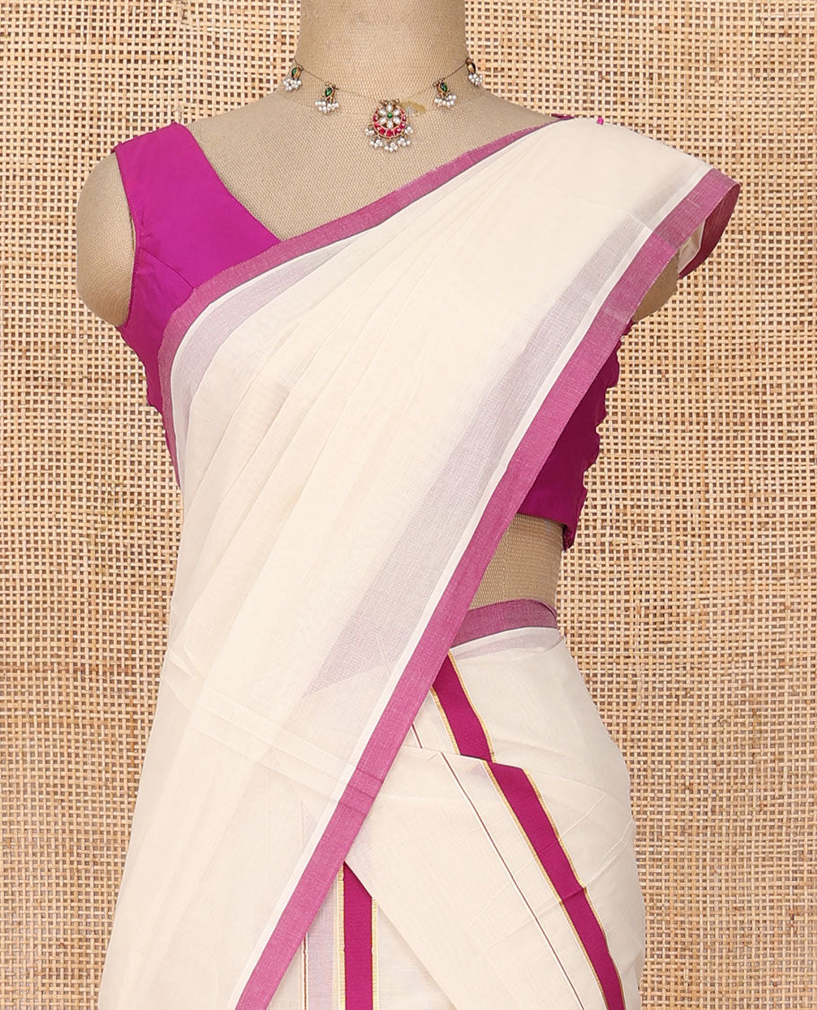 Cream plain Kerala mundu set with contrast pink border