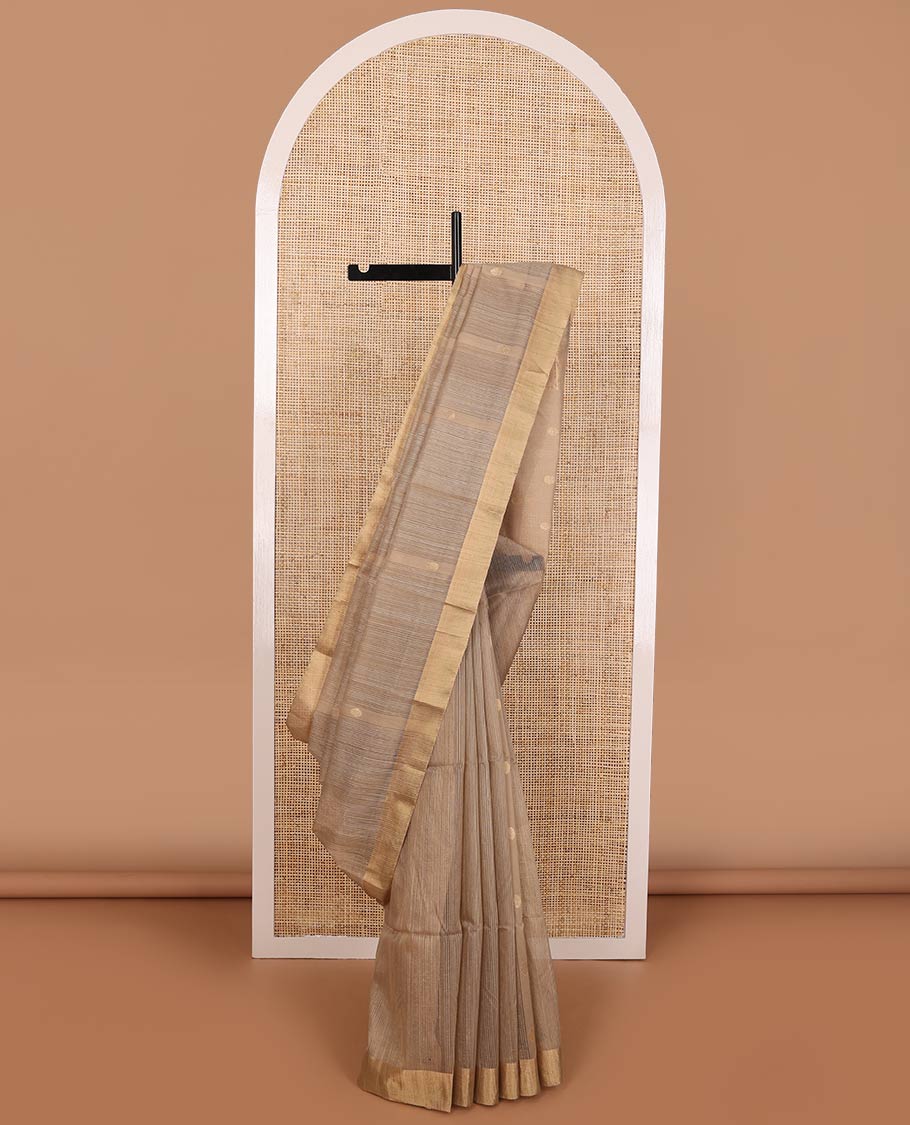 Brown striped, round motifs maheshwari cotton saree with self zari border & round motifs, striped pallu