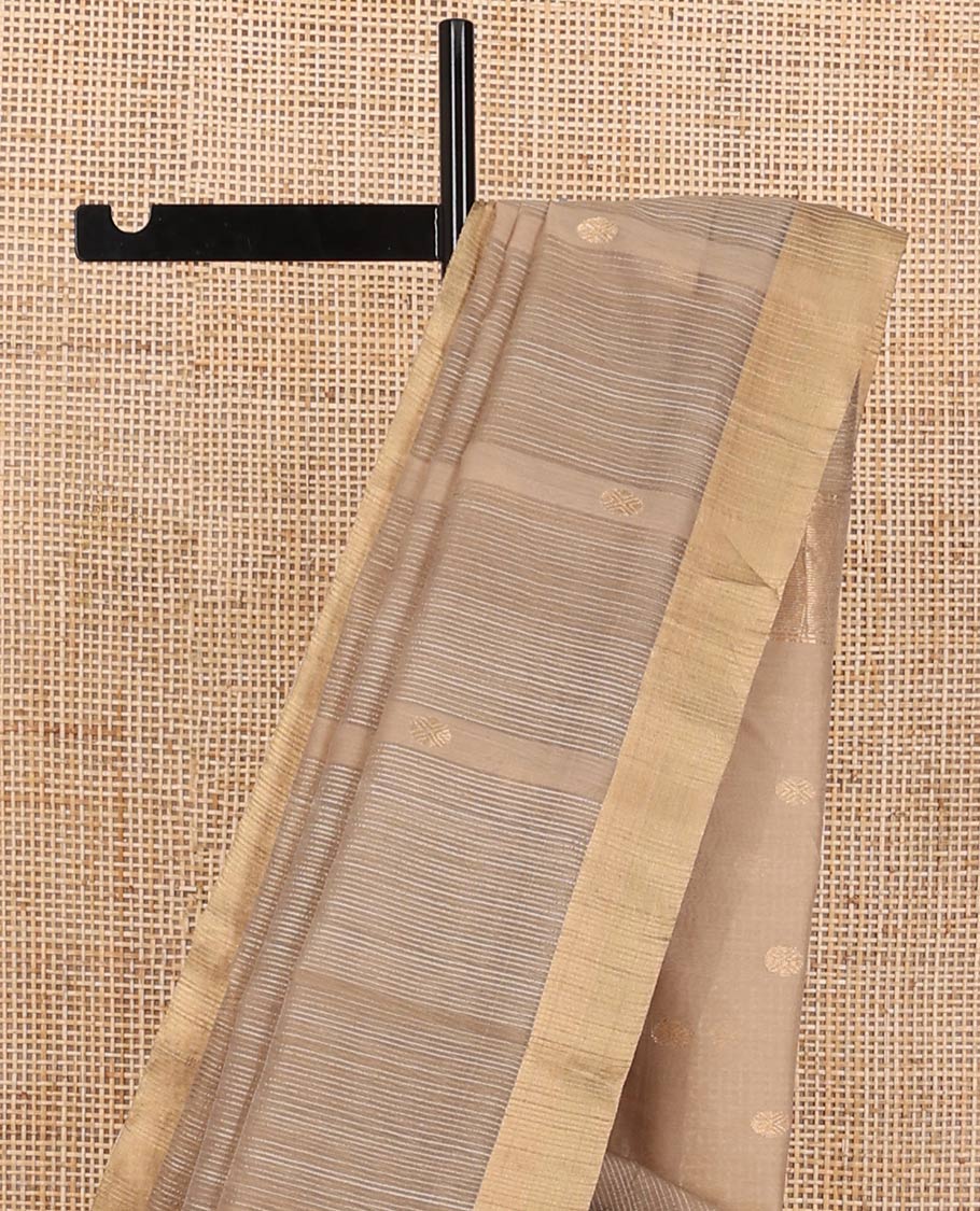 Brown striped, round motifs maheshwari cotton saree with self zari border & round motifs, striped pallu