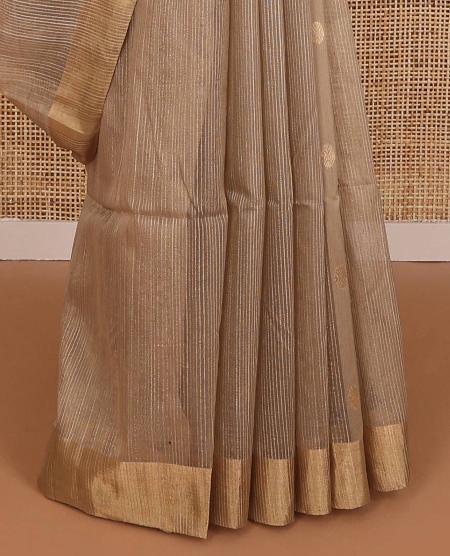 Brown striped, round motifs maheshwari cotton saree with self zari border & round motifs, striped pallu