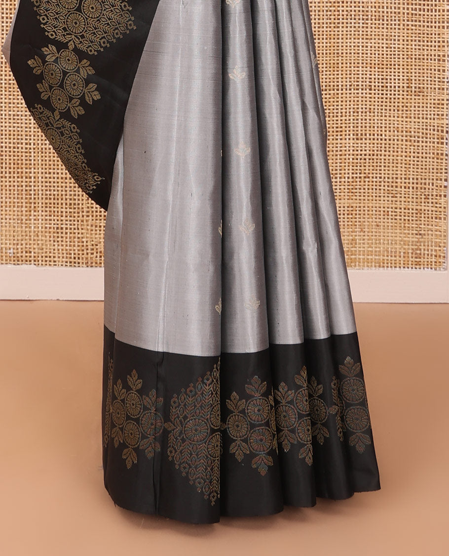 Grey zari buttas soft silk saree, contrast chakram motifs border & floral jaal pallu