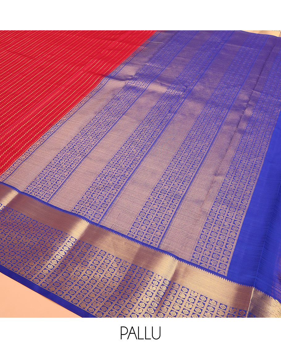 Red Vasundhara Lite Silk Mix Saree Decked with Neli Stripes, Contrast Border of Rekku and Butta Enclosed Checks, Pallu Mirrors Butta Enclosed Checks, and a Contrast Blouse