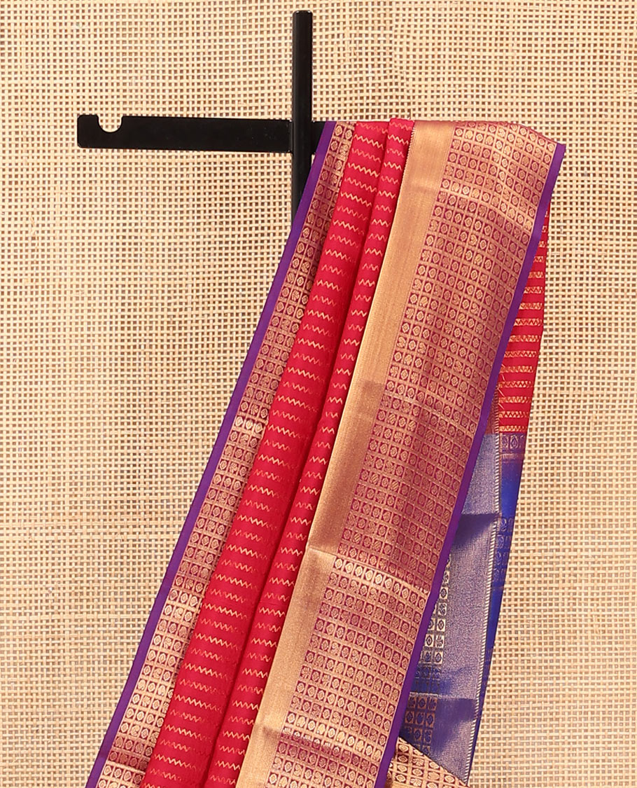 Red Vasundhara Lite Silk Mix Saree Decked with Neli Stripes, Contrast Border of Rekku and Butta Enclosed Checks, Pallu Mirrors Butta Enclosed Checks, and a Contrast Blouse