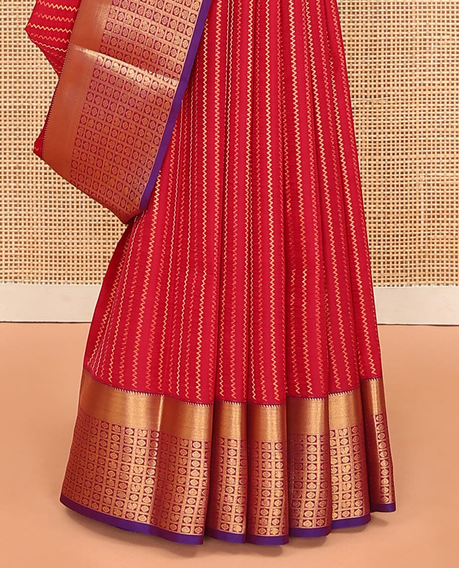Red Vasundhara Lite Silk Mix Saree Decked with Neli Stripes, Contrast Border of Rekku and Butta Enclosed Checks, Pallu Mirrors Butta Enclosed Checks, and a Contrast Blouse