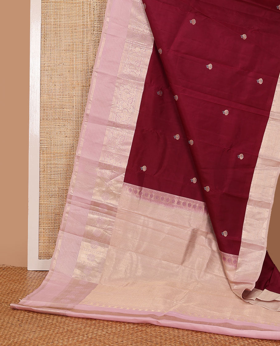 Maroon zari buttas silk saree, contrast traditional zari design border & pallu of jaal designs