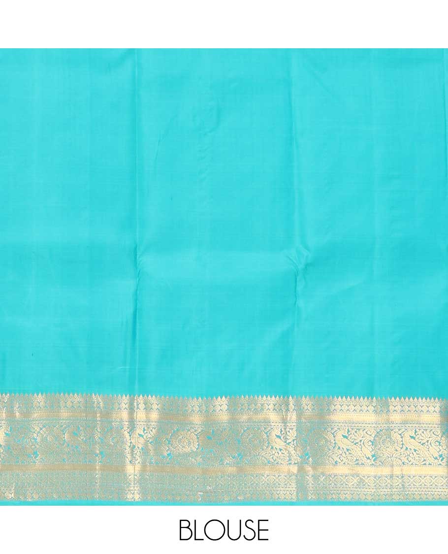 Peach thilakam buttas silk saree, contrast border of thilakam,muthu,poun, and mayil, and pallu of jaal design