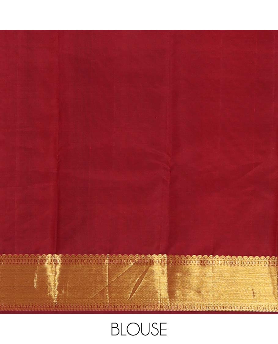 Maroon jacquard wedding silk saree, traditional zari border of wedding palanquin design, and butta enclosed hexogon grid pallu