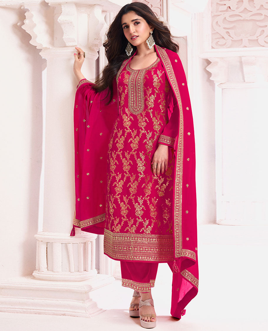 Pink dress material catalouge floral embroidery top with plain bottom & floral embroidey dupatta