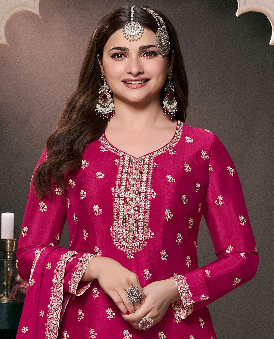 Red dress material catalouge floral thread embroidery top with embroidery palazzo pants & floral embroidery scallop border dupatta