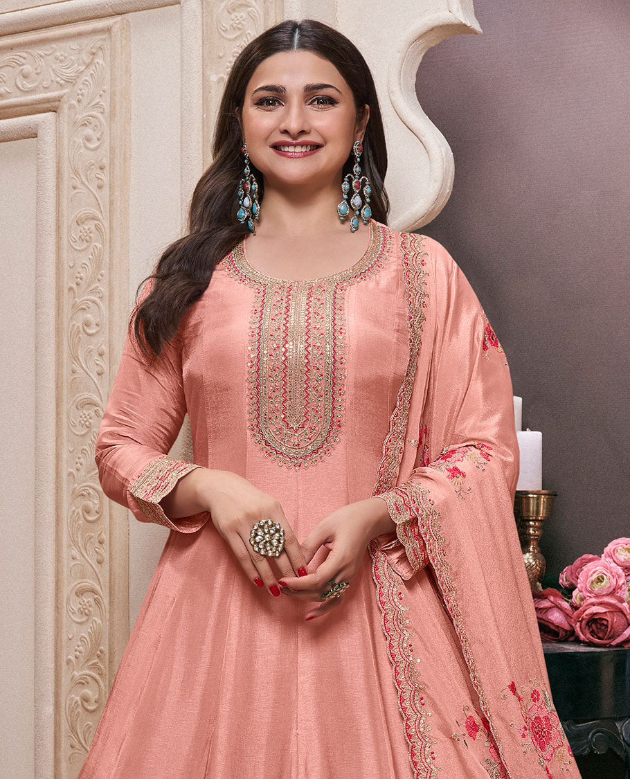Peach dress material catalouge floral embroidery anarkali with floral embroidery scallop border dupatta