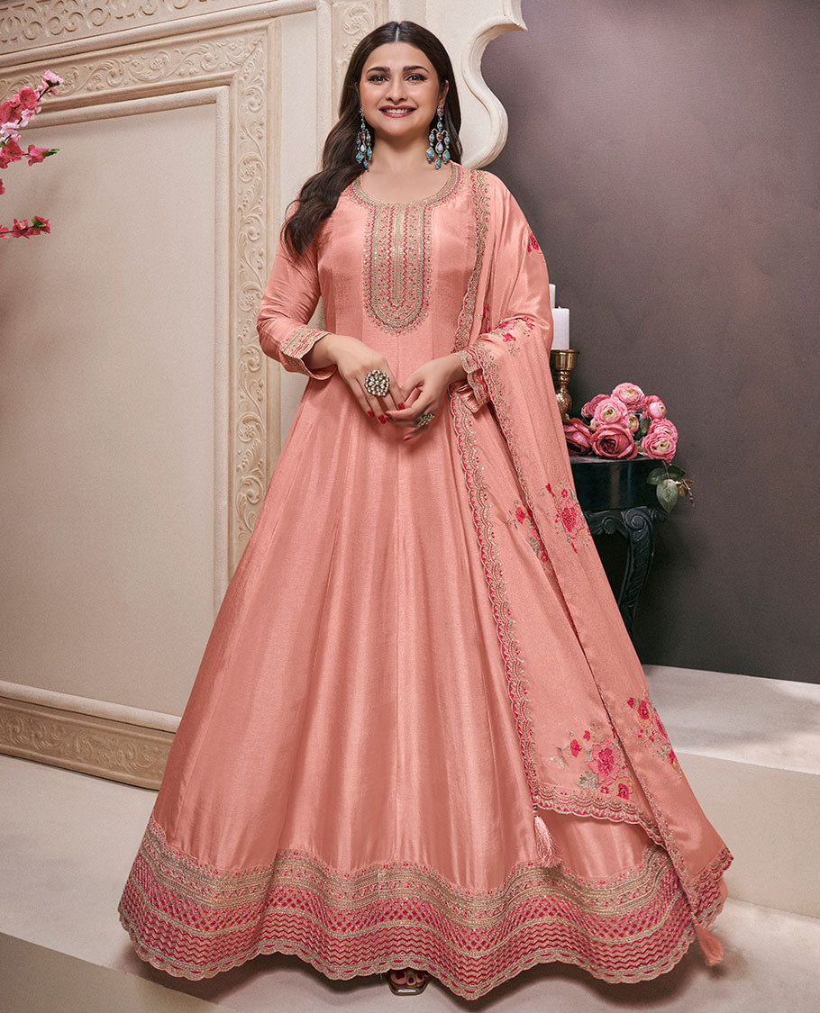 Peach dress material catalouge floral embroidery anarkali with floral embroidery scallop border dupatta