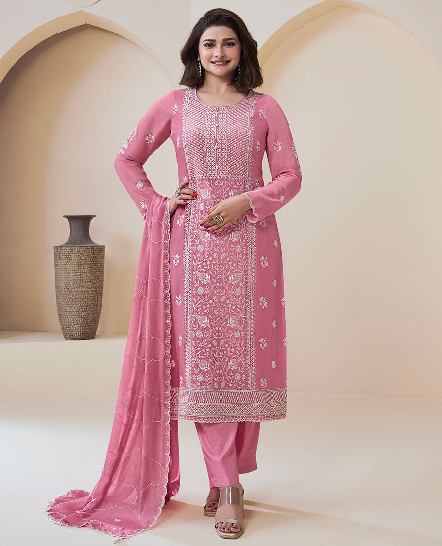 Pink dress material catalouge floral thread embroidery top with plain bottom & floral embroidery scallop border dupatta