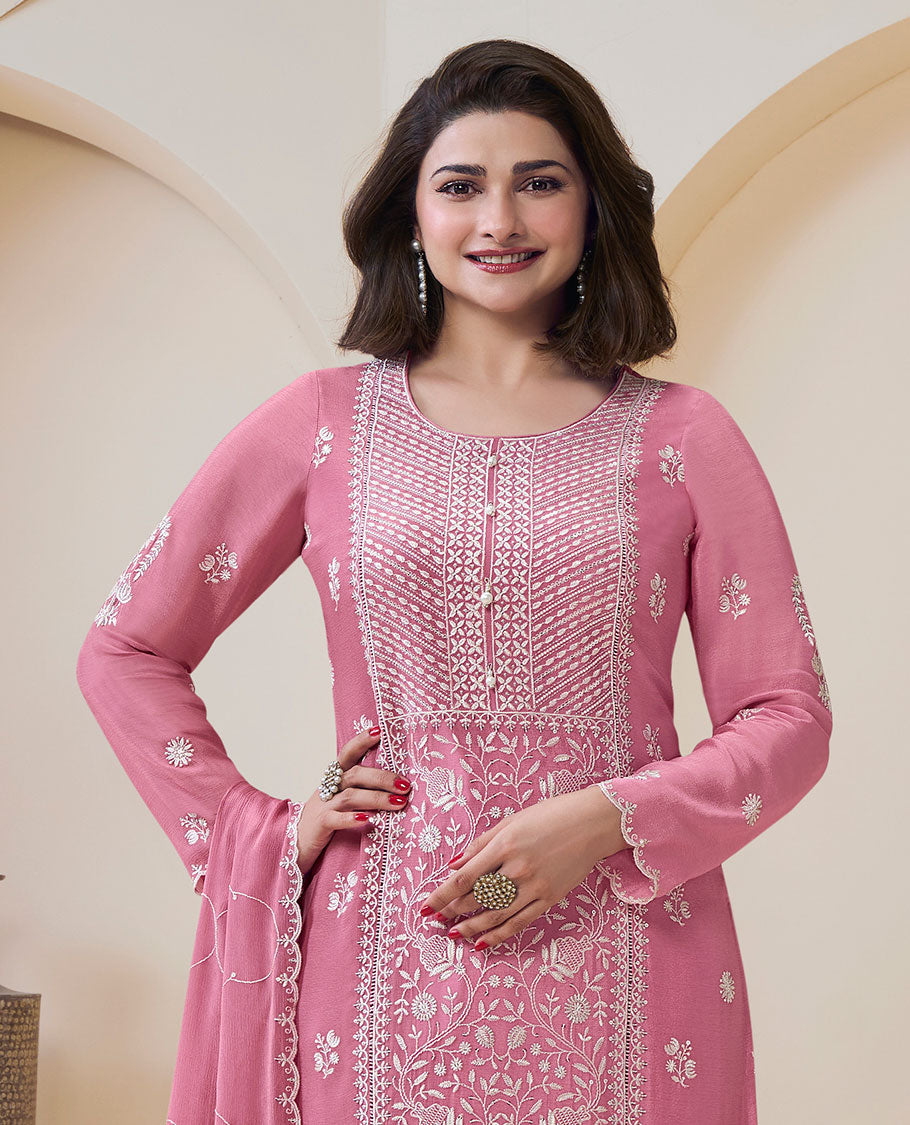 Pink dress material catalouge floral thread embroidery top with plain bottom & floral embroidery scallop border dupatta