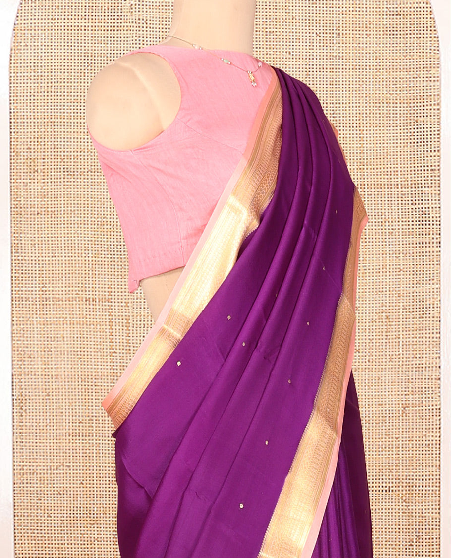 Purple Mysore Silk Saree, Adorned with Buttas, Complemented by a Contrast Traditional Zari Border, Zari Design Pallu, and a Contrast Blouse