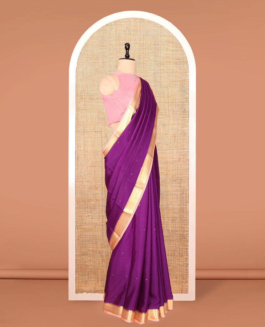 Purple Mysore Silk Saree, Adorned with Buttas, Complemented by a Contrast Traditional Zari Border, Zari Design Pallu, and a Contrast Blouse
