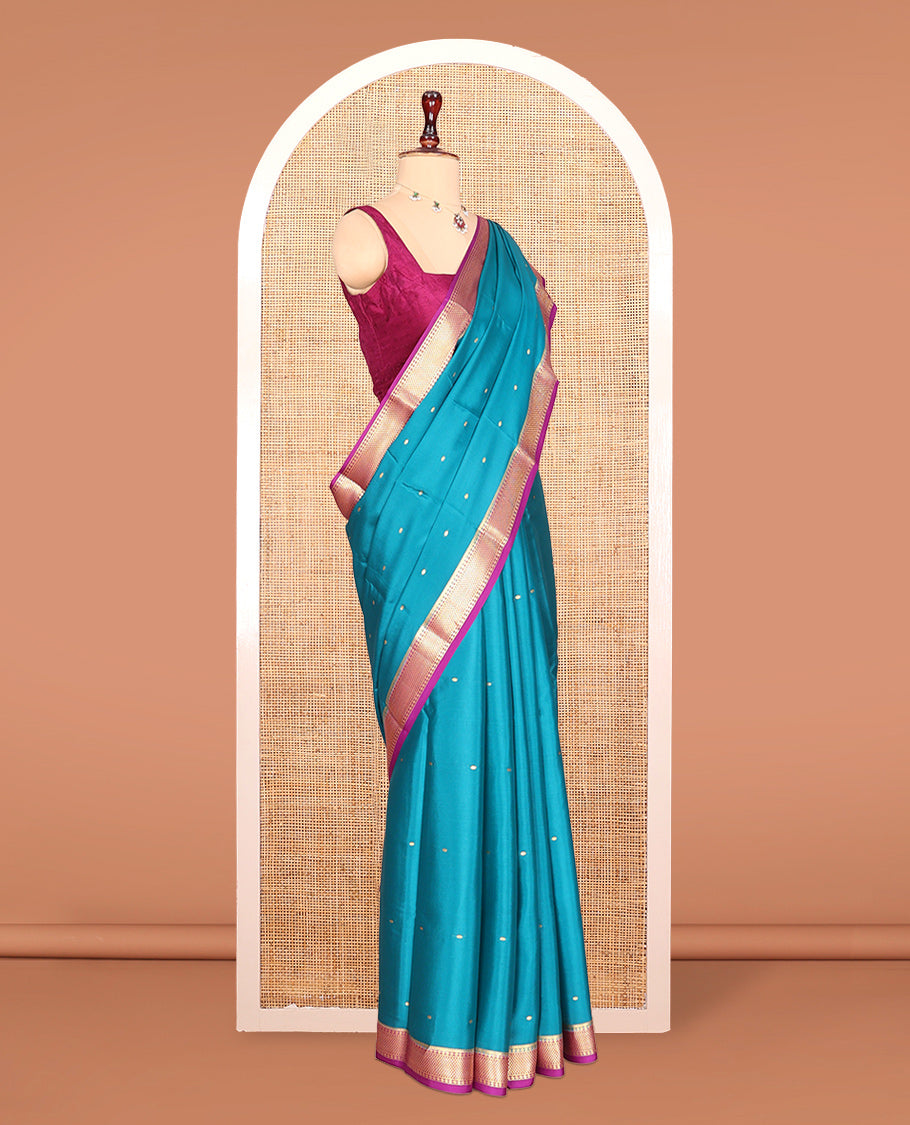 Blue Zari Buttas Mysore Silk Saree, Complemented by a Contrast Traditional Zari Border, Zari Design Pallu, and a Contrast Blouse