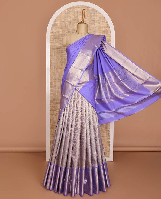 Grey jacquard pure-mix half-saree,contrast border of thilakam,kodi visiry,vanki star & jaal, zari design blouse & dhavani