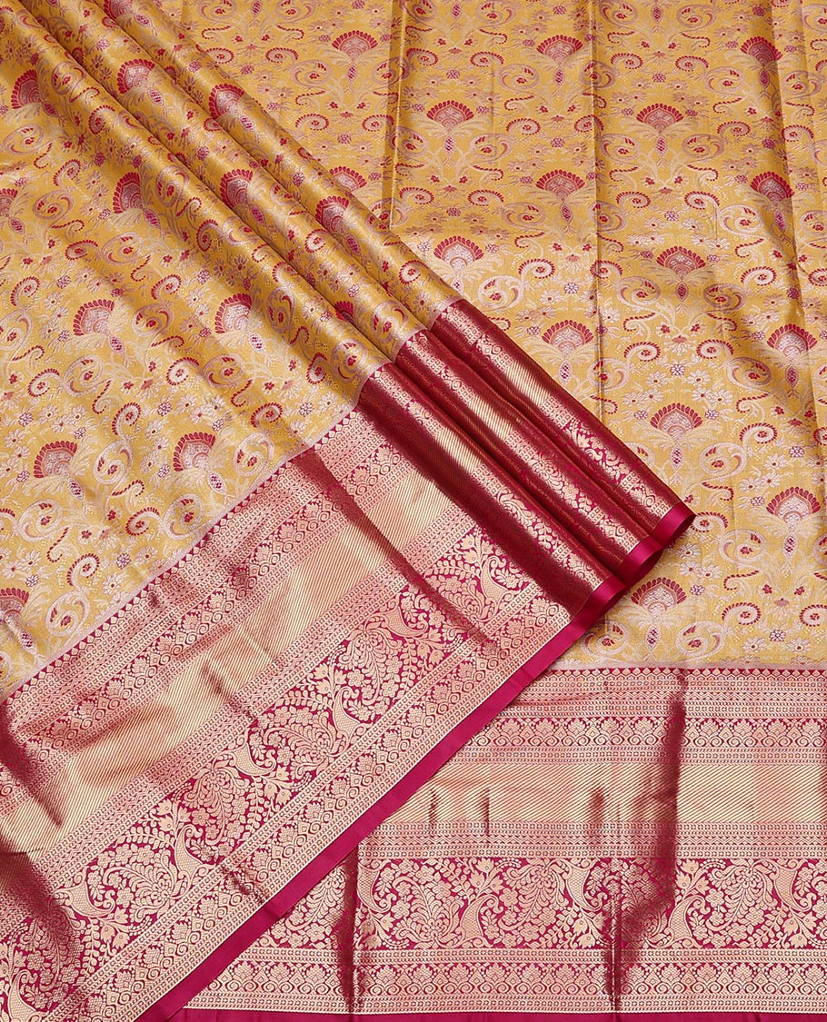 Yellow Art Silk Half-Saree, Embellished with Jacquard Design, Contrast Traditional Zari Border, Paired with a Contrast Jacquard Blouse, and an Intricate Dhavani