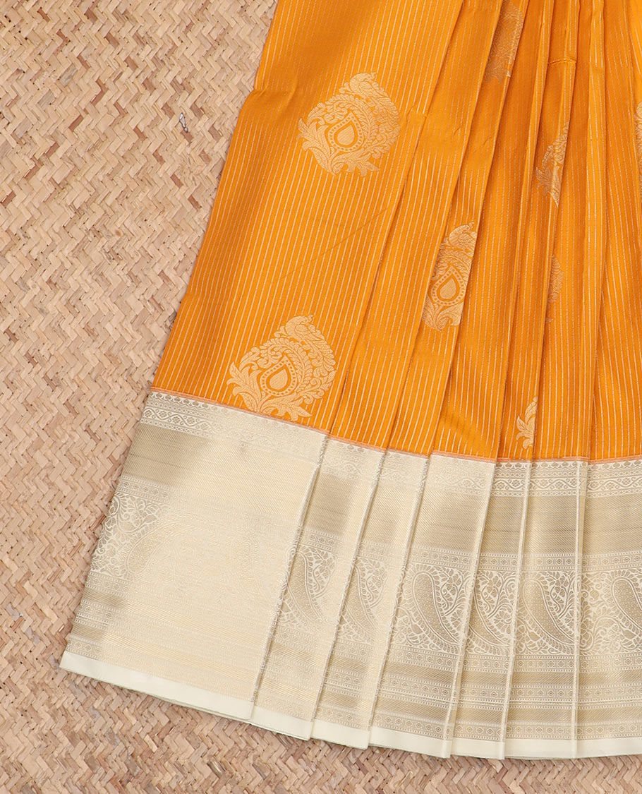 Yellow zari buttas budget silk saree, contrast traditional zari border, and jaal pallu