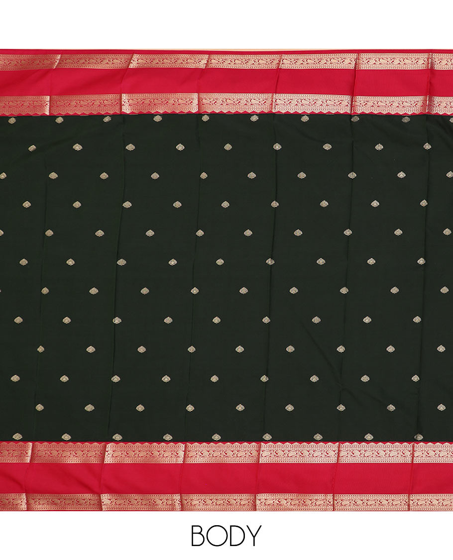 Black zari buttas budget silk saree, contrast traditional zari rettai pettu border, and pallu of jaal design