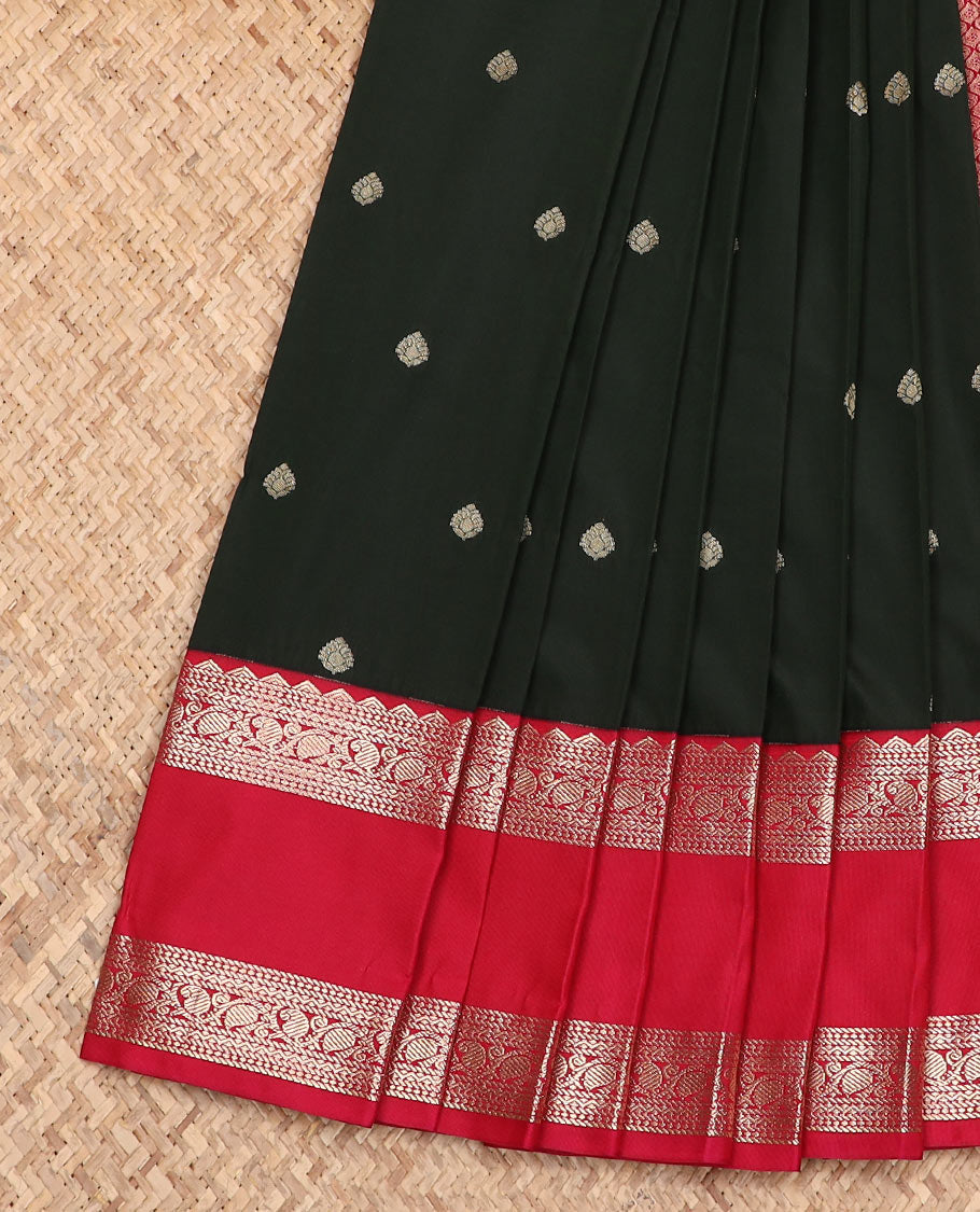 Black zari buttas budget silk saree, contrast traditional zari rettai pettu border, and pallu of jaal design