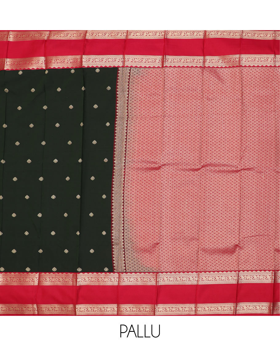 Black zari buttas budget silk saree, contrast traditional zari rettai pettu border, and pallu of jaal design