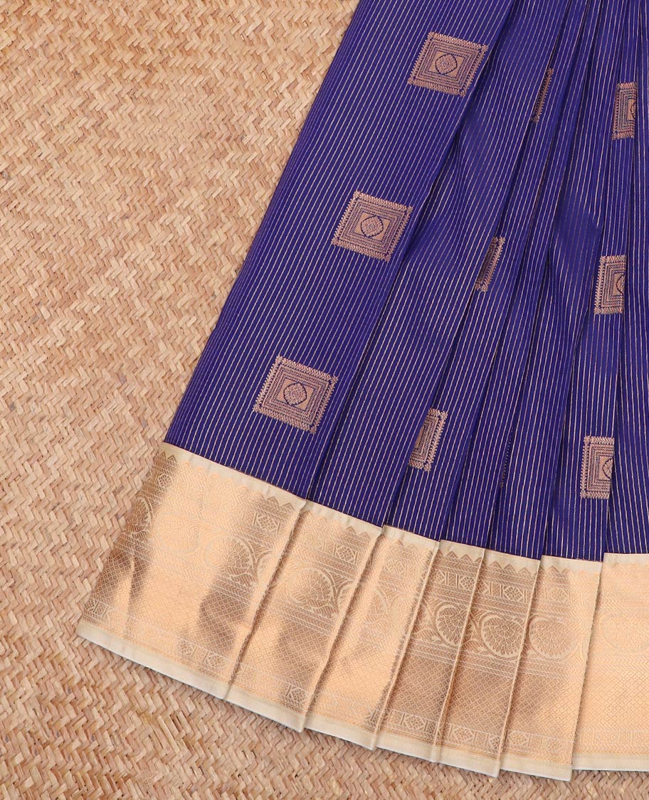 Blue Budget Silk Saree Decked Up with Zari Buttas and Zari Stripes, Complemented by a Contrast Traditional Zari Design Border, Subtly Designed Jaal Pallu, and Paired with a Contrast Blouse