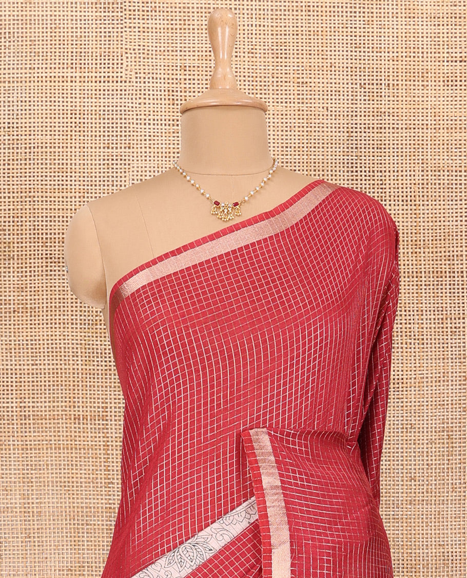 Red Assam Silk Saree Subtly Sparkled with Micro-Checks and Kalamkari Floral Prints, Featuring a Simple Piping Border, a Pallu Woven with Zari Stripes, Paired with a Matching Checked Blouse