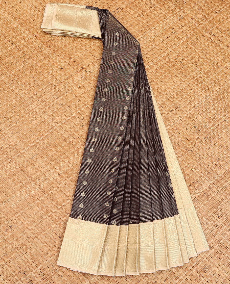 Brown zari design budget silk saree, contrast traditional zari border, and pallu of jaal design