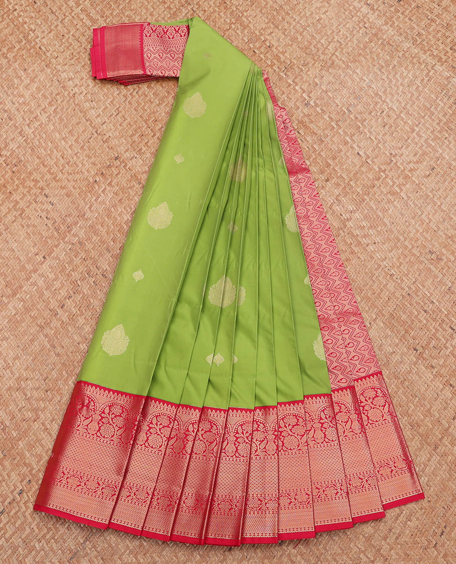 Parrot Green Budget Silk Saree, Elevated with Zari Buttas, Complemented by a Contrast Traditional Zari Border, Grand Pallu, and a Contrast Blouse