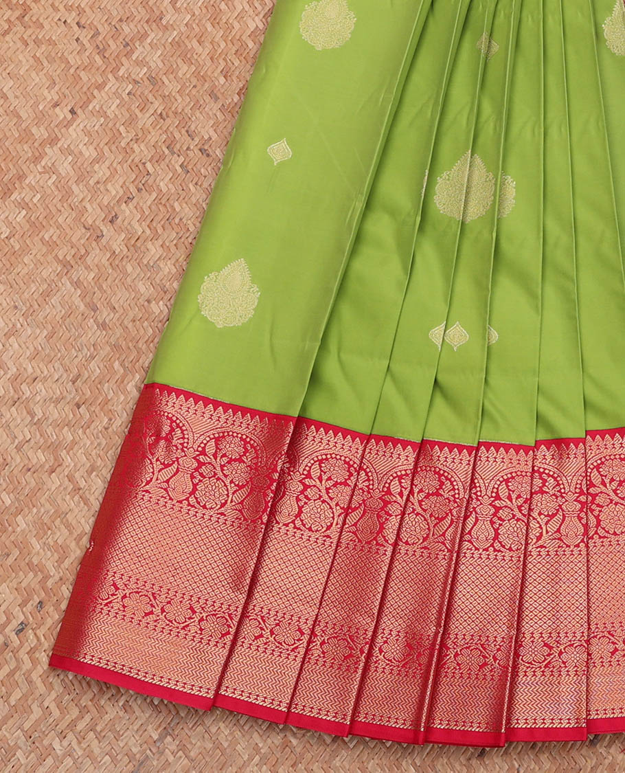 Parrot Green Budget Silk Saree, Elevated with Zari Buttas, Complemented by a Contrast Traditional Zari Border, Grand Pallu, and a Contrast Blouse