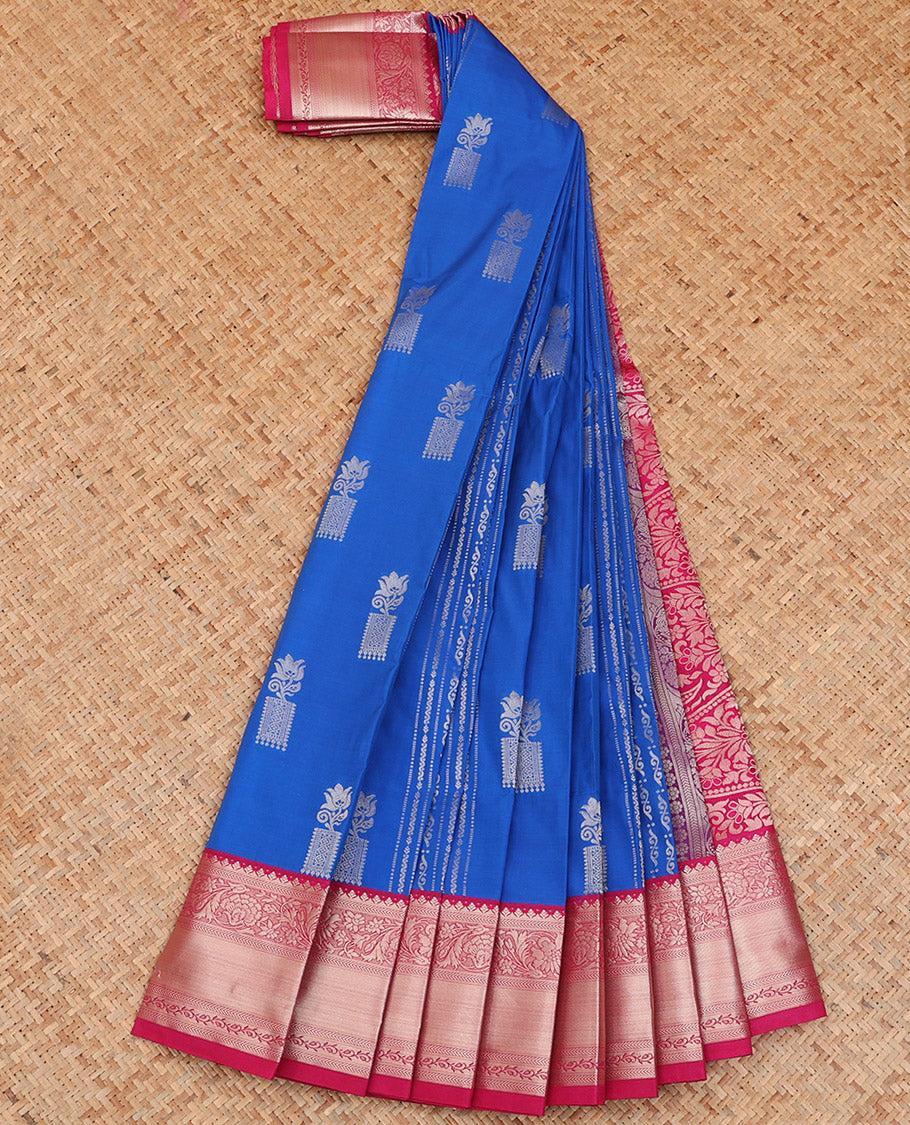 Blue Budget Silk Saree Elevated with Zari Designs All Over Its Body, Complemented by Contrast Traditional Zari Design Border, Featuring a Pallu of Floral-Paisley Designs, and Paired with a Contrast Blouse