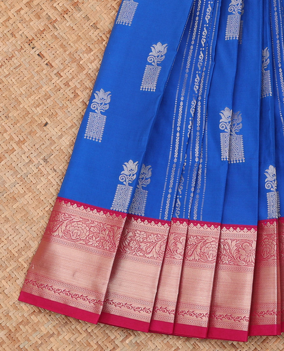 Blue Budget Silk Saree Elevated with Zari Designs All Over Its Body, Complemented by Contrast Traditional Zari Design Border, Featuring a Pallu of Floral-Paisley Designs, and Paired with a Contrast Blouse